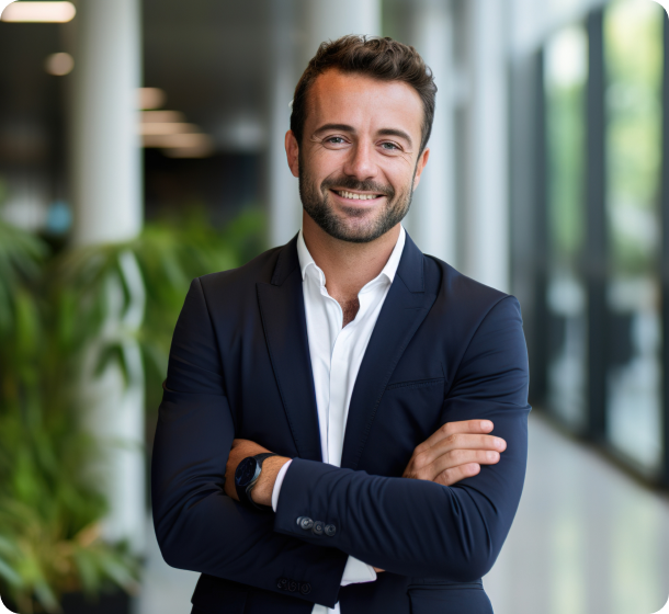 A professional male leader in a suit with his arms crossed, smiling confidently.