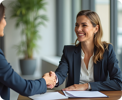 A female professional in a blazer smiles while sitting at a desk, ready for a meeting.