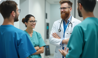 A male doctor in a white coat talks to two other healthcare professionals, symbolizing collaboration in medicine.